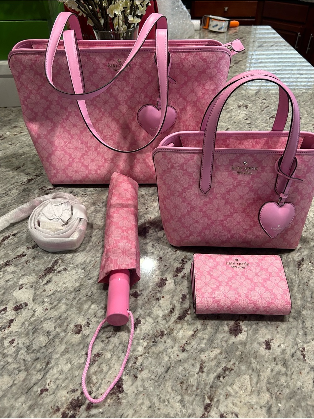 kate spade Pink Floral Tote & Matching Small Bag w/Wallet & Umbrella